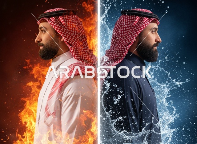 رجل عربي في صورة مفهومية بين النار والماء