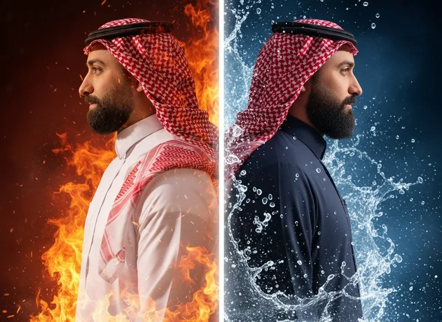 رجل عربي في صورة مفهومية بين النار والماء