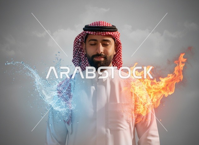 رجل سعودي مع توازن مفهوم النار والماء