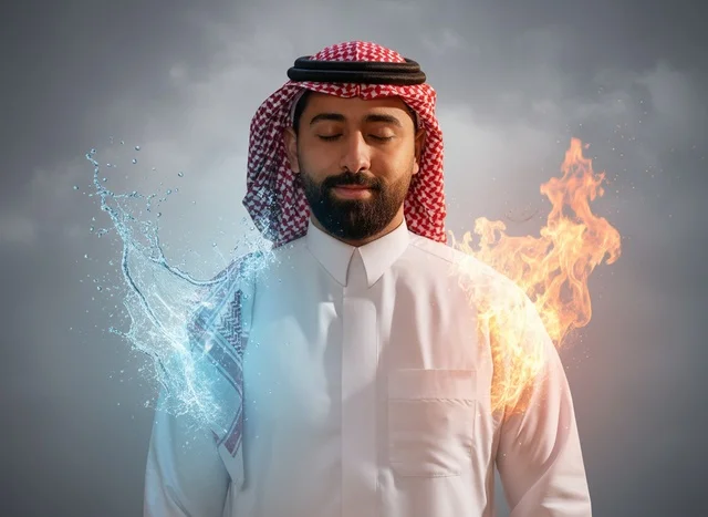 Saudi Man in Traditional Dress with Fire and Water