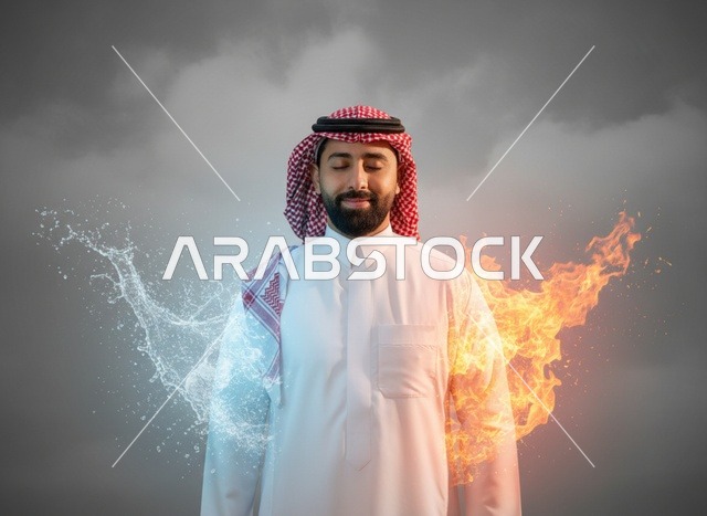 رجل سعودي بالثوب مع مؤثرات بصرية للنار والماء