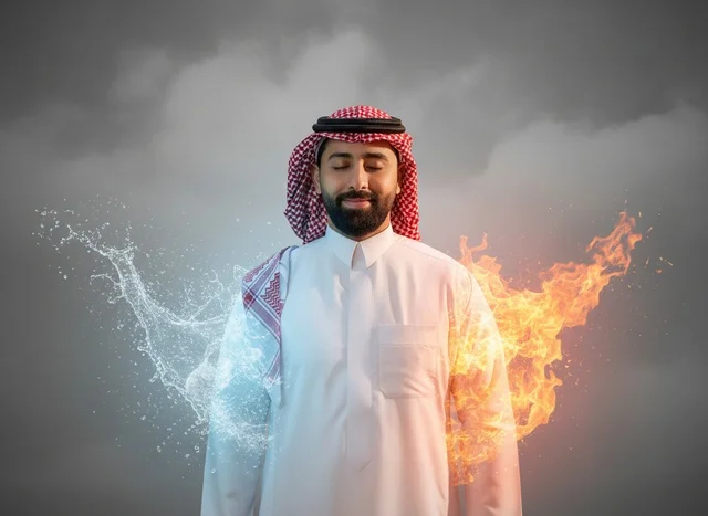 رجل سعودي بالثوب مع مؤثرات بصرية للنار والماء