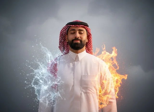 رجل سعودي بالزي التقليدي مع عناصر النار والماء
