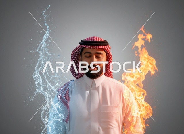 رجل سعودي بالزي التقليدي بين عناصر النار والماء
