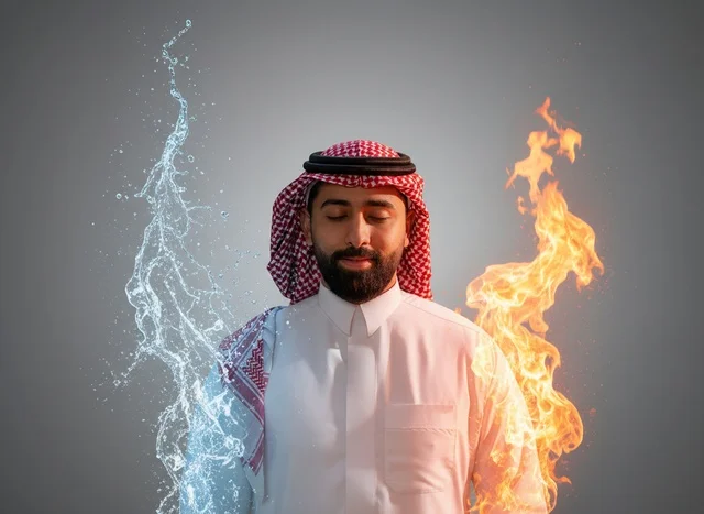 رجل سعودي بالزي التقليدي بين عناصر النار والماء