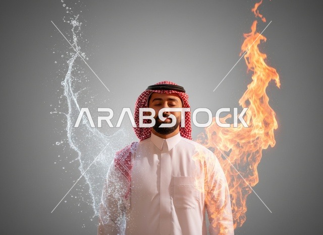 رجل سعودي بالثوب التقليدي مع عناصر النار والماء