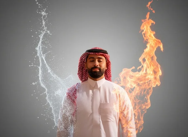 رجل سعودي بالثوب التقليدي مع عناصر النار والماء