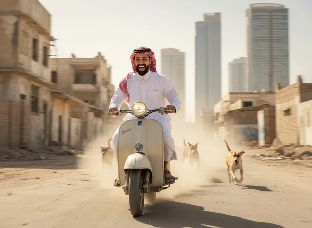 Saudi Man Riding Vintage Scooter in Dusty City Street
