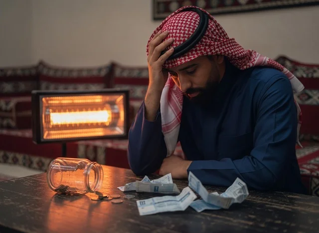 رجل سعودي حزين مع نقود ومدفأة في الداخل