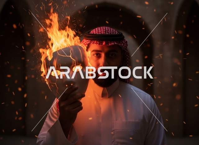رجل سعودي يحمل قناعاً مشتعلاً في الظلام