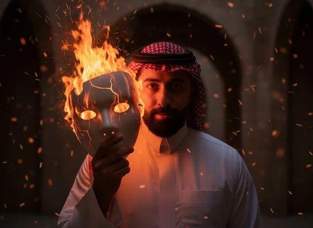 Saudi Man Holding Burning Mask in Dark Arches