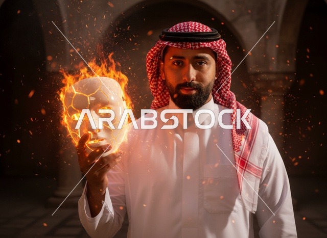 رجل سعودي يمسك قناعاً مشتعلاً في بيئة مظلمة