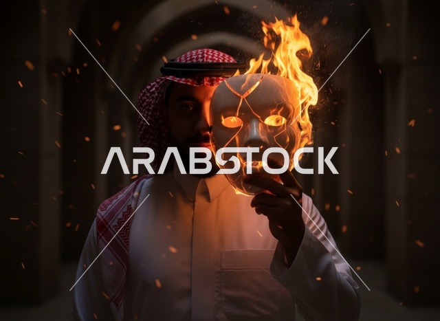 رجل سعودي يحمل قناعاً مشتعلاً في ممر مظلم
