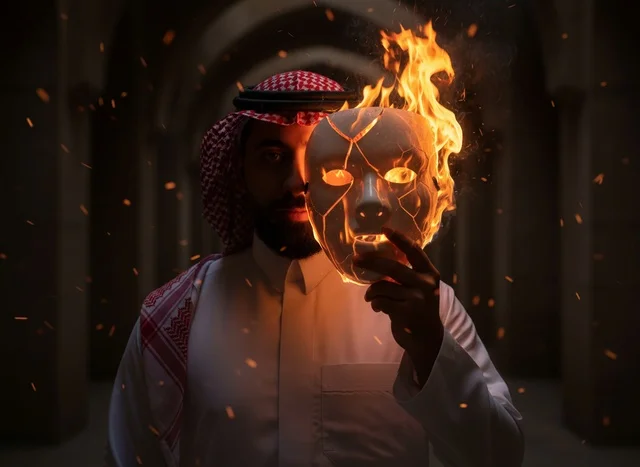 رجل سعودي يحمل قناعاً مشتعلاً في ممر مظلم