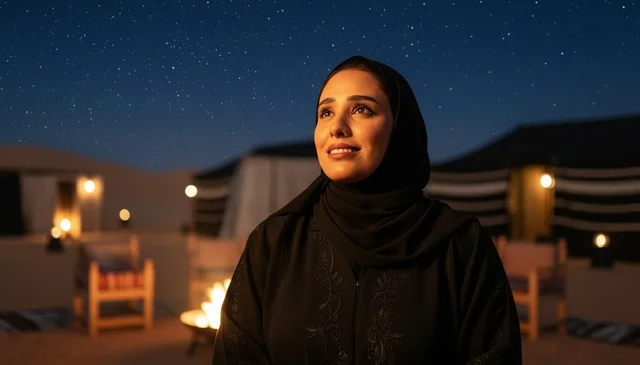 Saudi Woman at Traditional Desert Camp Under Stars