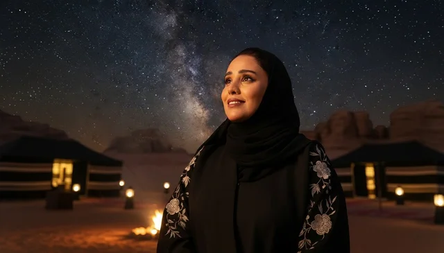 امرأة سعودية بالعباءة في مخيم صحراوي ليلاً