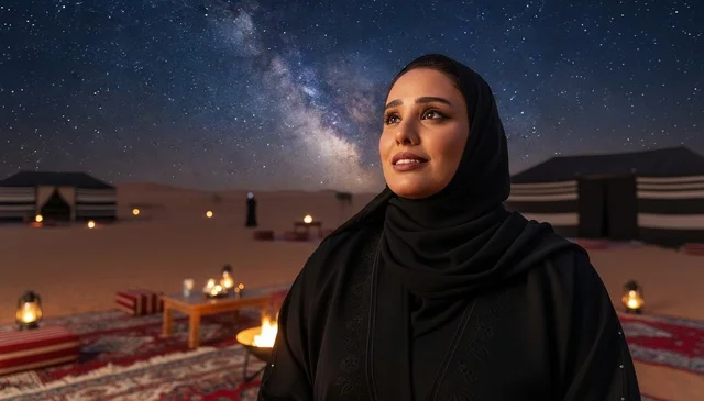 Emirati Woman in Desert Night Camp with Starry Sky
