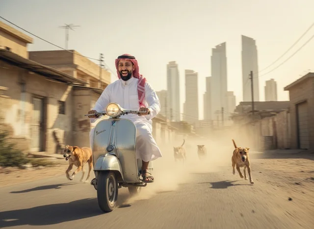 رجل سعودي يقود دراجة نارية في شارع بالمدينة رجل سعودي يقود دراجة نارية في شارع بالمدينة