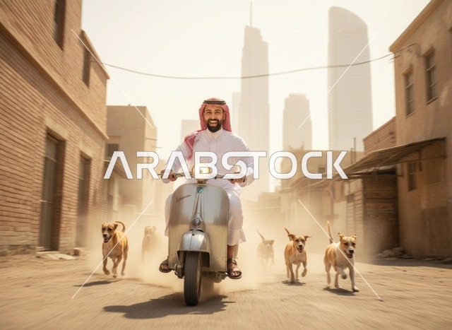 رجل سعودي يقود سكوتر مع كلاب في مدينة مغبرة