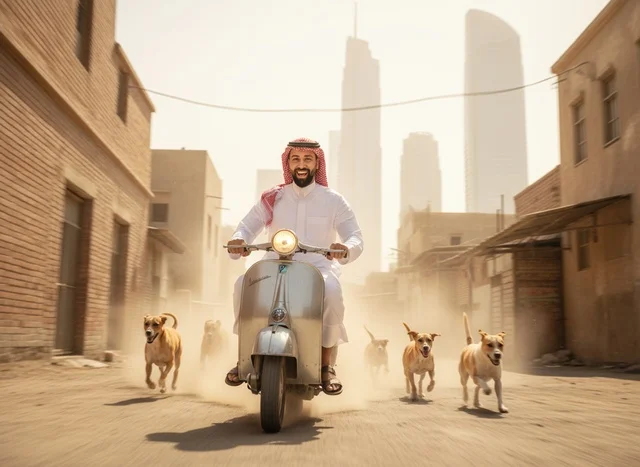 رجل سعودي يقود سكوتر مع كلاب في مدينة مغبرة رجل سعودي يقود سكوتر مع كلاب في مدينة مغبرة