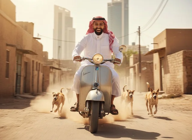 رجل سعودي يقود دراجة نارية قديمة مع كلاب في مدينة رجل سعودي يقود دراجة نارية قديمة مع كلاب في مدينة