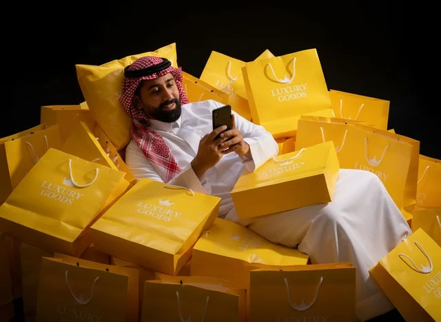 رجل سعودي مع أكياس تسوق فاخرة يستخدم الهاتف