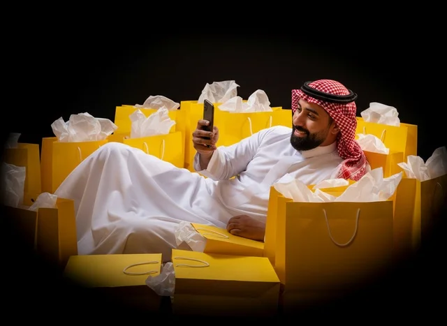 رجل سعودي مع أكياس تسوق صفراء وهاتف ذكي