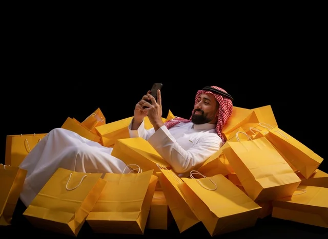 رجل سعودي مع أكياس تسوق وهاتف ذكي