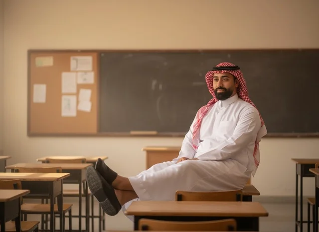 رجل سعودي بالزي التقليدي في فصل دراسي