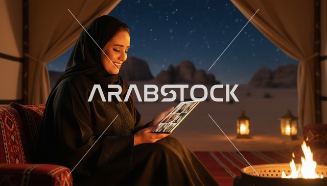 امرأة سعودية تستخدم جهاز لوحي في خيمة صحراوية