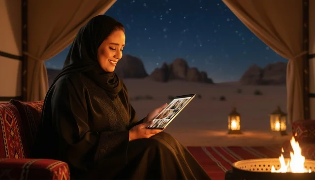 امرأة سعودية تستخدم جهاز لوحي في خيمة صحراوية