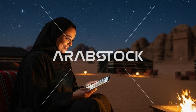 امرأة سعودية تستخدم جهازاً لوحياً في مخيم صحراوي ليلاً