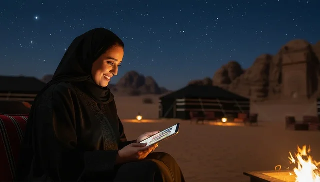 Saudi Woman Using Tablet in Desert Camp at Night