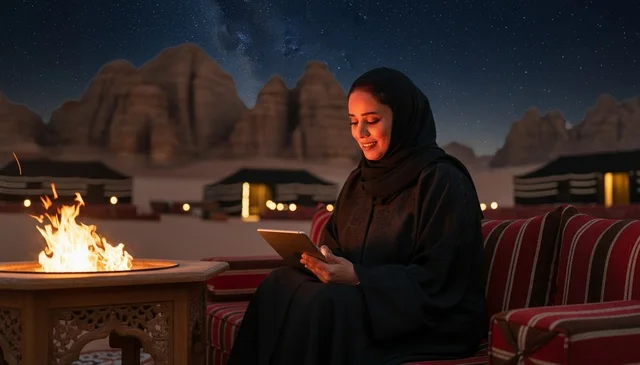 Saudi Woman in Desert Camp using Tablet at Night