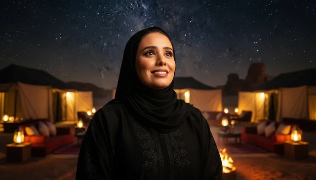امرأة سعودية في مخيم صحراوي فاخر تحت النجوم امرأة سعودية في مخيم صحراوي فاخر تحت النجوم