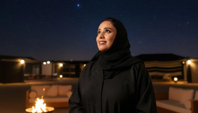 امرأة سعودية بالعباءة تحت سماء الليل المرصعة بالنجوم