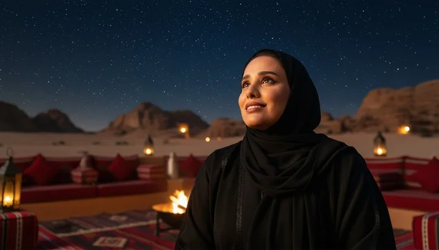 امرأة سعودية بالعباءة تحت سماء الصحراء المرصعة بالنجوم
