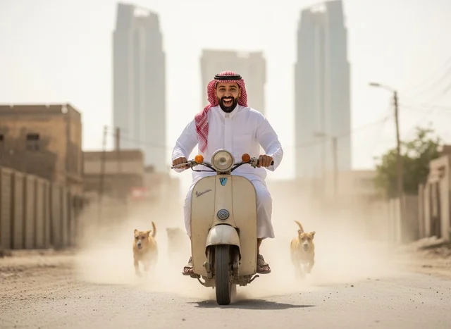 رجل سعودي يقود دراجة كلاسيكية في طريق ترابي رجل سعودي يقود دراجة كلاسيكية في طريق ترابي