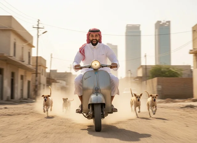 رجل سعودي بالزي التقليدي يقود دراجة نارية في الرياض رجل سعودي بالزي التقليدي يقود دراجة نارية في الرياض