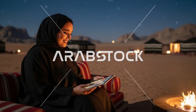 امرأة سعودية تستخدم جهاز لوحي في مخيم صحراوي ليلاً
