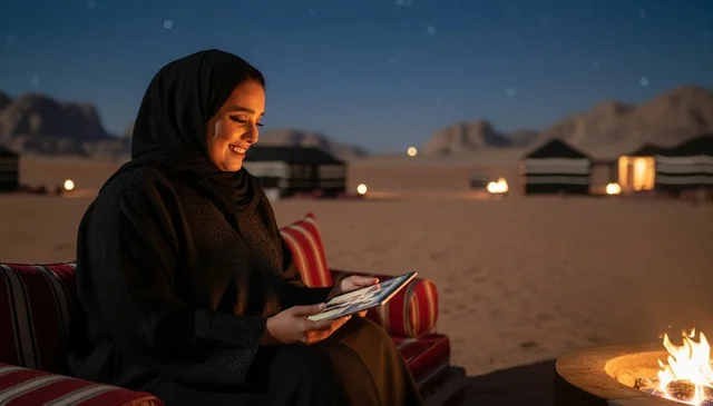 امرأة سعودية تستخدم جهاز لوحي في مخيم صحراوي ليلاً