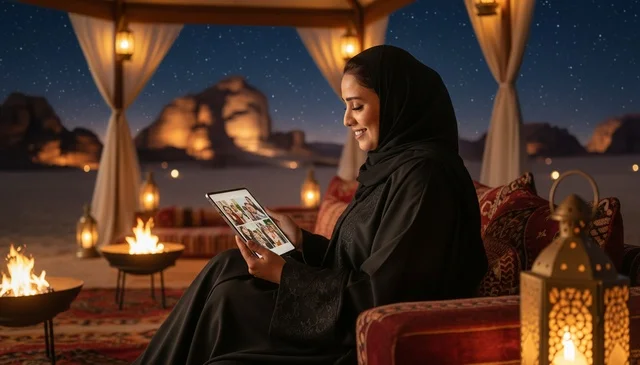 Arab Woman in Abaya Using Tablet in Desert Night