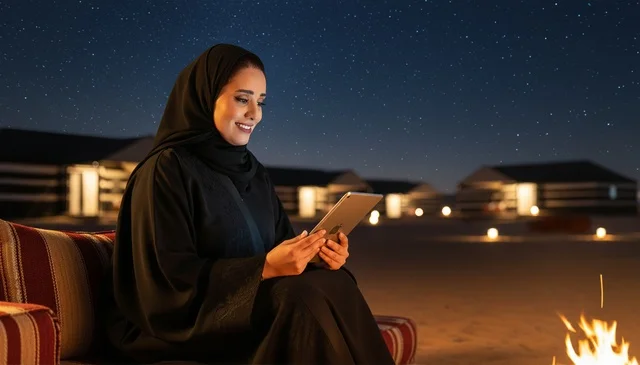 امرأة سعودية في مخيم صحراوي تستخدم جهاز لوحي ليلاً