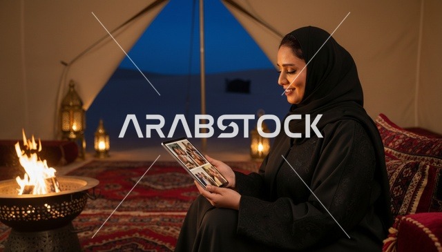 امرأة سعودية تستخدم جهاز لوحي في خيمة صحراوية