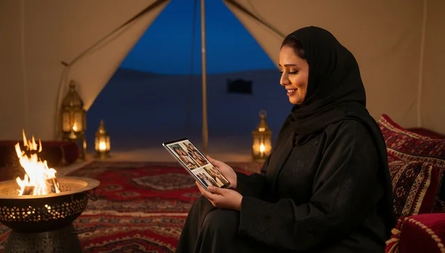 امرأة سعودية تستخدم جهاز لوحي في خيمة صحراوية