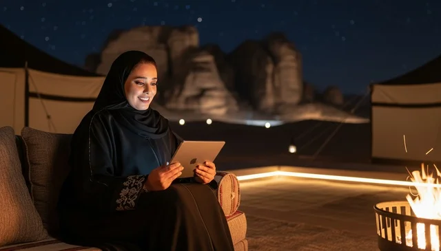 Saudi Woman in Abaya Using Tablet at Desert Camp Night