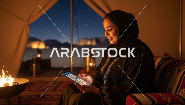 امرأة سعودية تستخدم جهازاً لوحياً في خيمة صحراوية