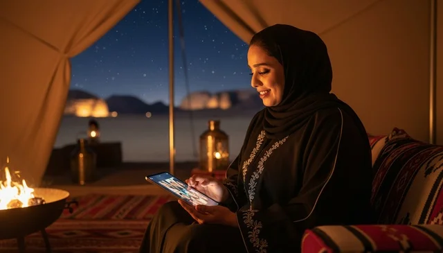 امرأة سعودية تستخدم جهازاً لوحياً في خيمة صحراوية