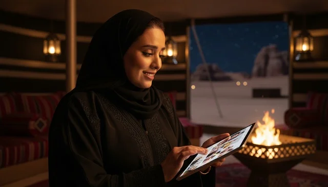 امرأة سعودية تستخدم جهاز لوحي في خيمة صحراوية