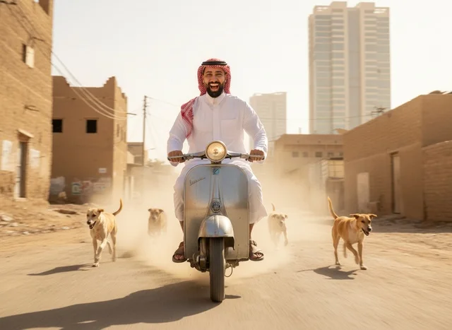 رجل سعودي يقود دراجة نارية قديمة مع كلاب في شارع ترابي